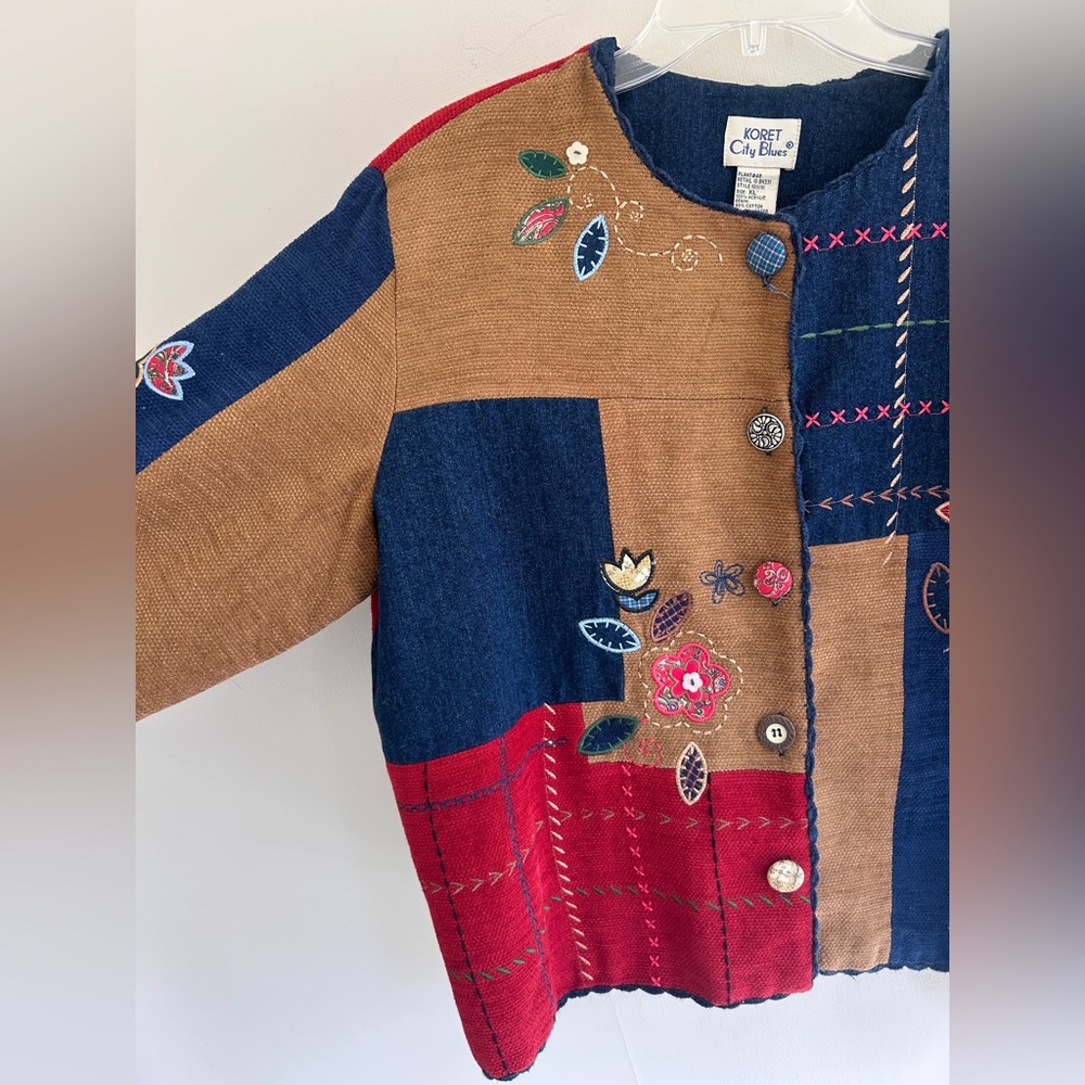 Vintage 90s Artsy Patchwork Novelty Embroidered Statement Jacket Whimsy Boho XL - Picture 8 of 15